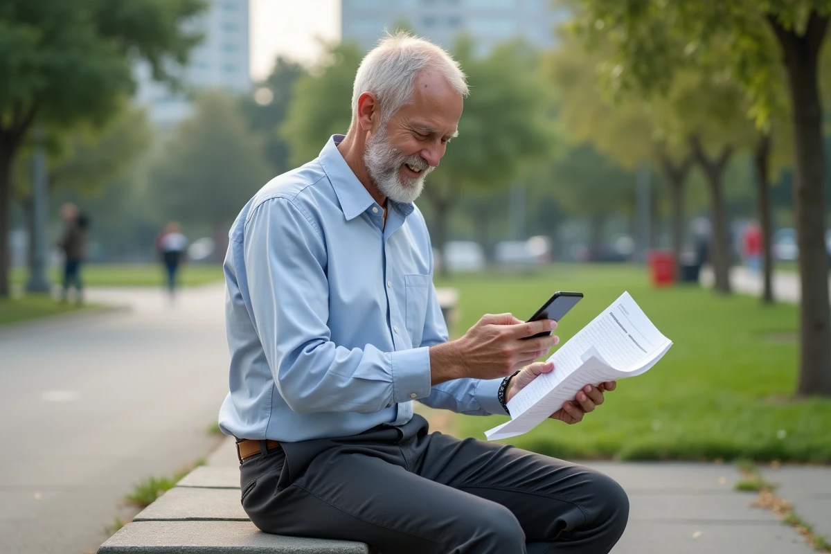 Homme assis dans un parc utilisant son smartphone