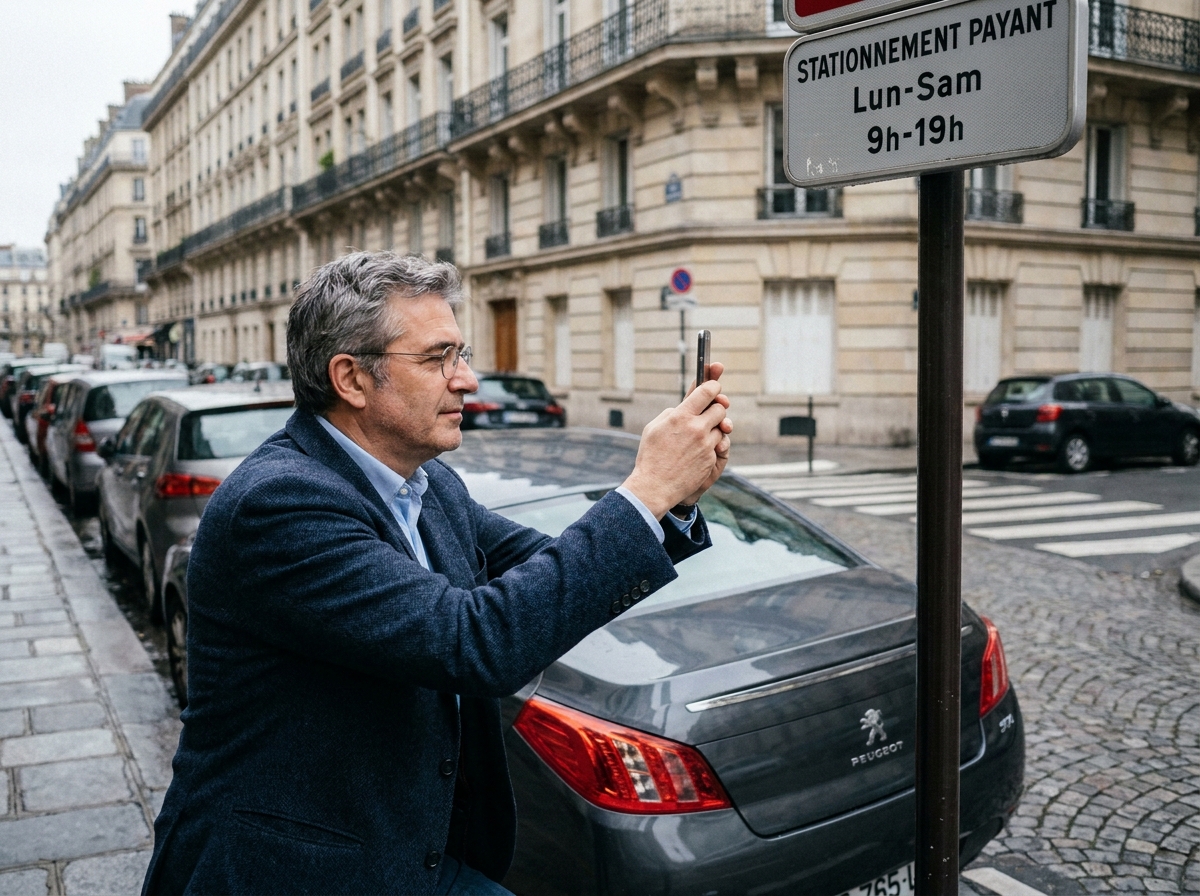 Homme prenant en photo un panneau de stationnement dans la rue