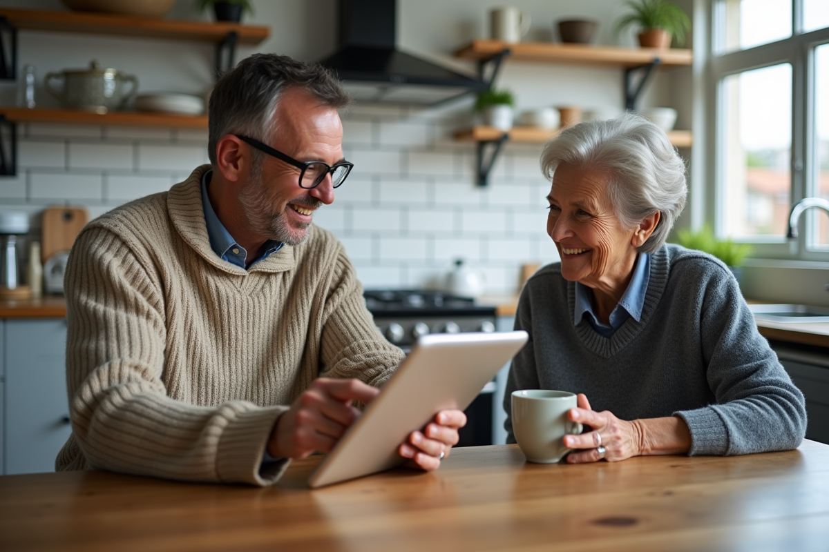 Homme montrant une annonce immobiliere sur une tablette