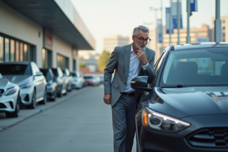 Homme d'âge moyen inspectant une voiture d'occasion