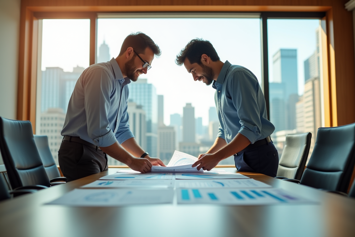 Deux hommes analysant des graphiques financiers en réunion