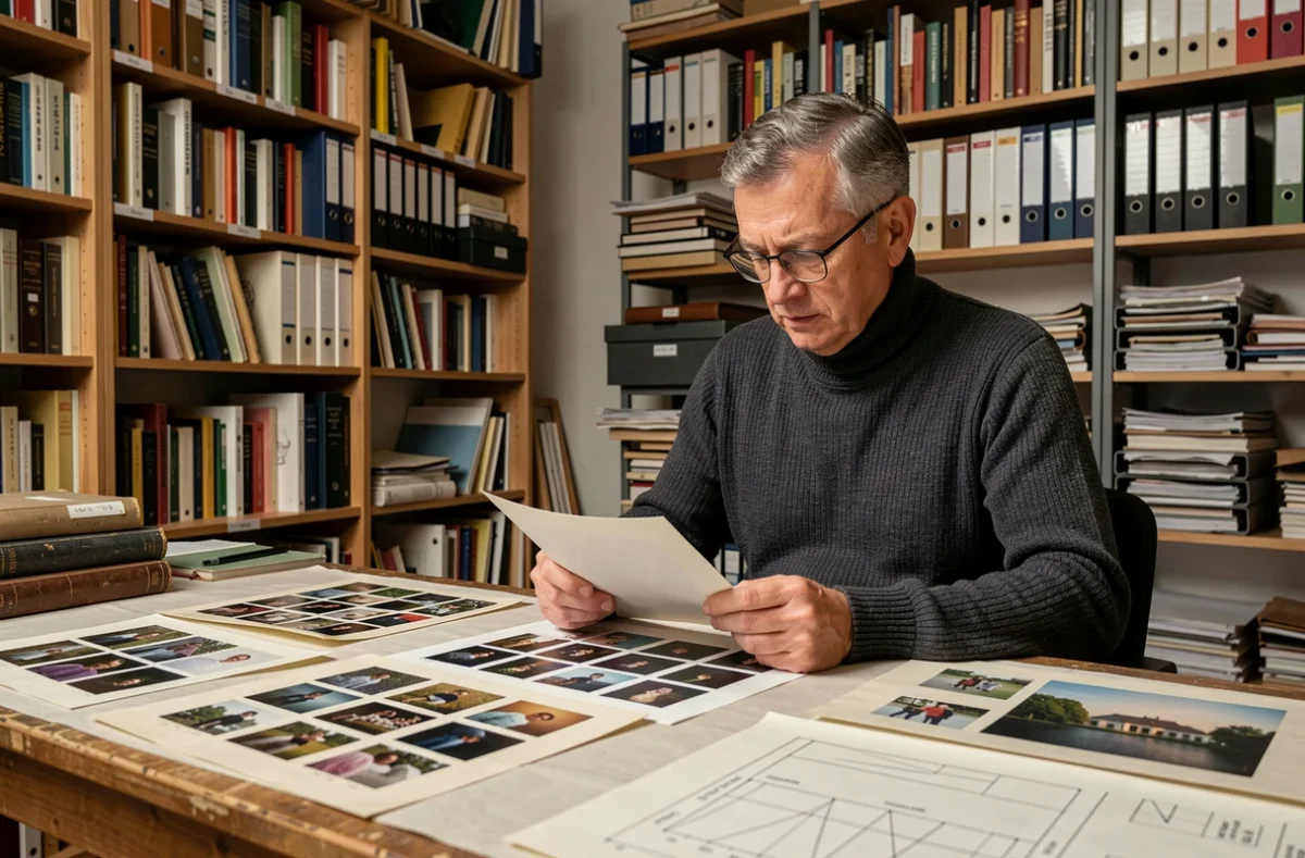 Photo-graphiste expérimenté examinant des épreuves photographiques dans son studio créatif rennais, représentant les trente ans de carrière de Huchet Christophe