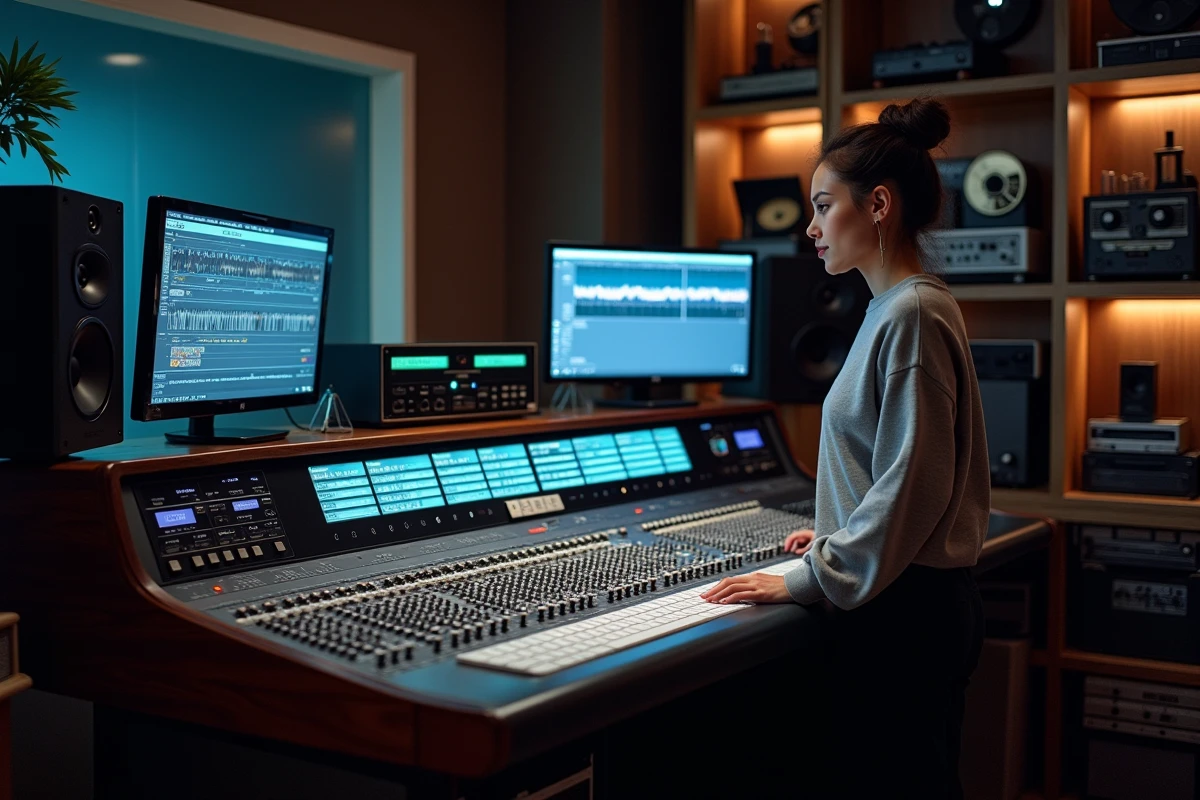 Ingénieure du son féminine ajustant les réglages de basse sur une grande console de mixage analogique dans une salle de contrôle professionnelle