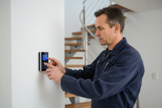 Technicien alarmes en uniforme programme un clavier numérique