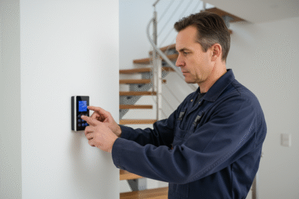 Technicien alarmes en uniforme programme un clavier numérique