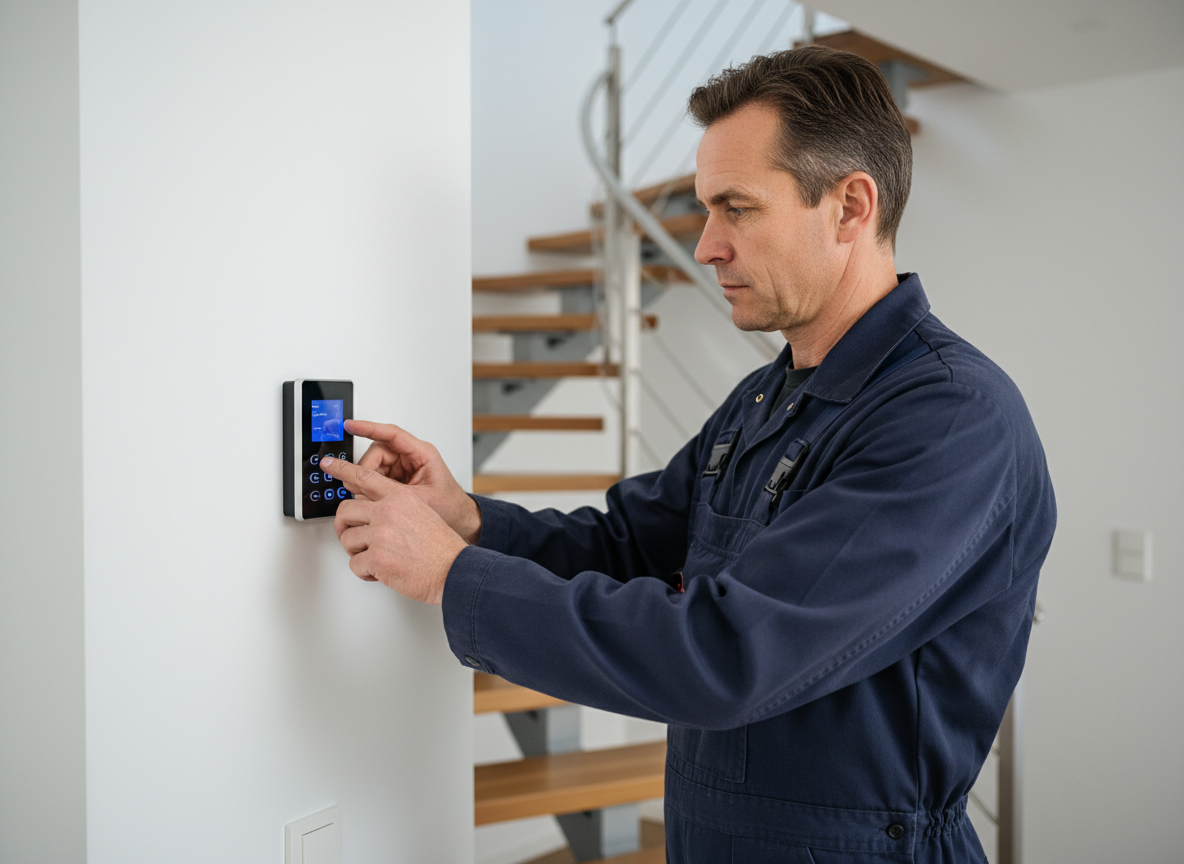 Technicien alarmes en uniforme programme un clavier numérique