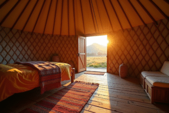 Intérieur d'une yurt au lever du soleil avec lit coloré