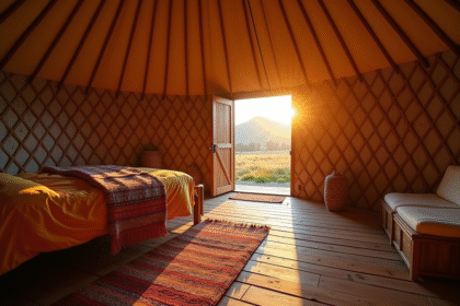 Intérieur d'une yurt au lever du soleil avec lit coloré