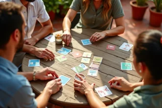Quatre joueurs adultes autour d'une table en bois jouant à un jeu de cartes avec des cartes spéciales illustrées de palmiers lors d'une partie estivale en terrasse