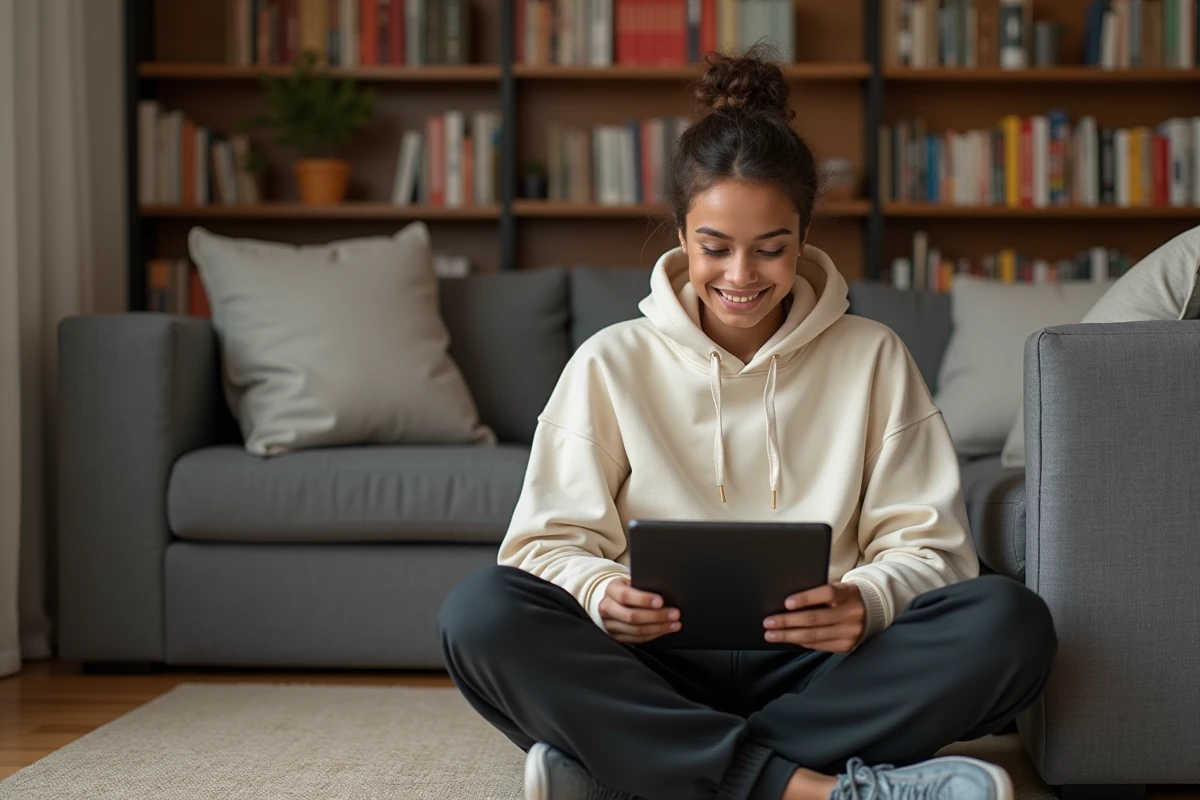 Jeune adulte utilisant un générateur de lettre sur tablette depuis son canapé dans un appartement moderne