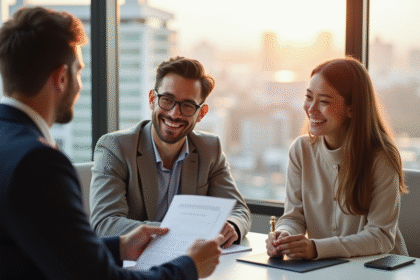 Jeune couple souriant avec un banquier dans un bureau moderne