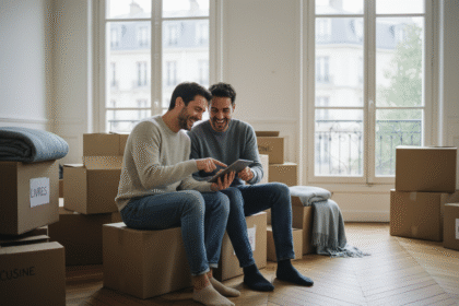 Jeune couple souriant dans leur appartement parisien en déménagement