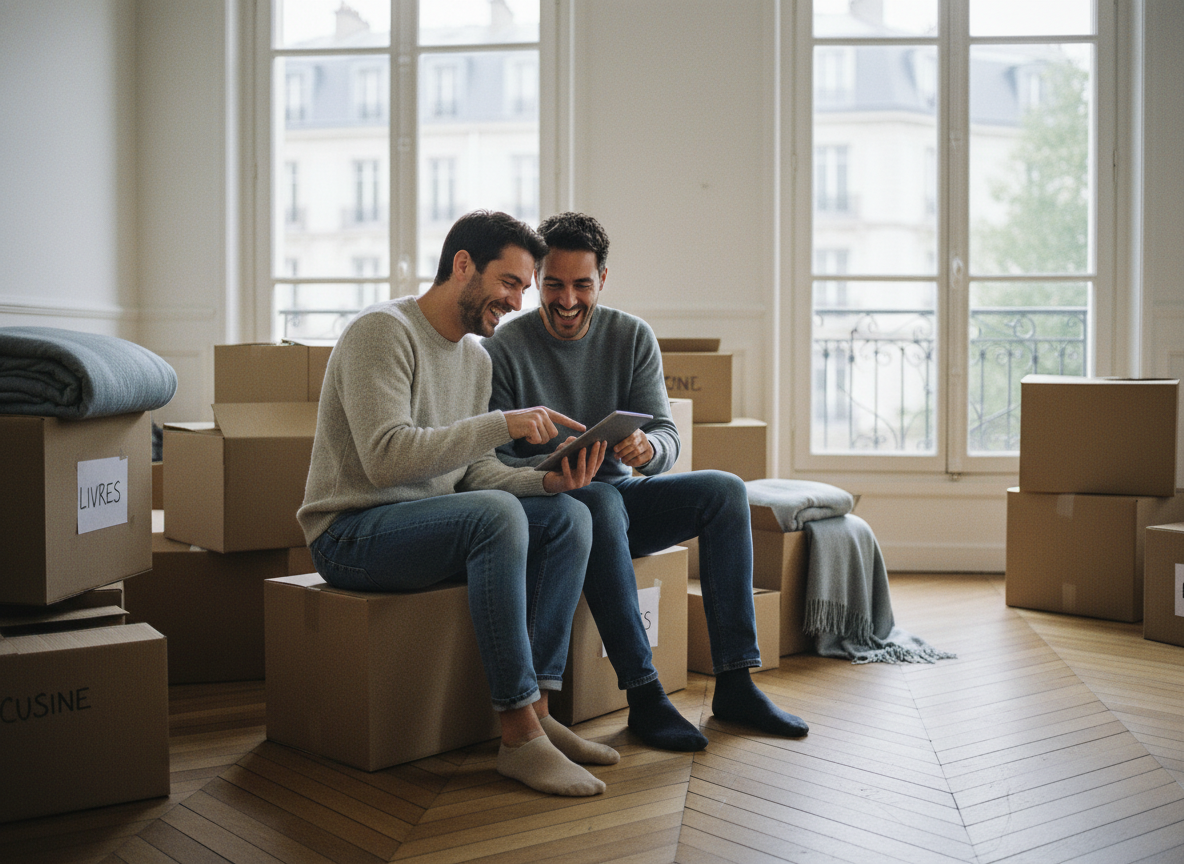 Jeune couple souriant dans leur appartement parisien en déménagement