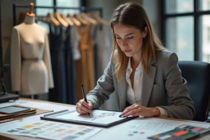 Jeune créatrice de mode dessinant sur tablette dans son atelier