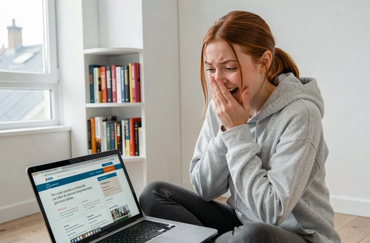 Jeune femme riant devant son ordinateur en apprenant une expression française surprenante sur un site de langue
