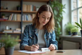 Jeune femme en bureau avec une lampe et un mot anglais