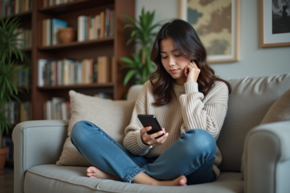 Jeune femme assise sur un canapé dans un salon cosy