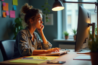 Jeune femme créative au bureau avec écrans et notes