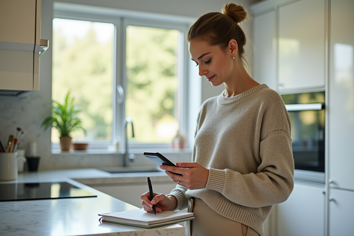 Jeune femme en cuisine consultat son smartphone et prenant des notes