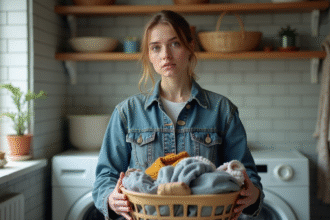 Jeune femme en denim vintage dans une buanderie moderne