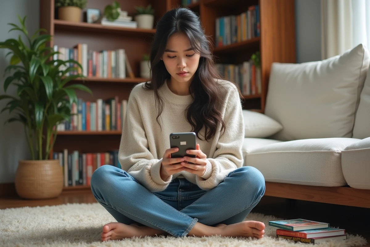 Jeune femme lisant manga dans un salon cosy