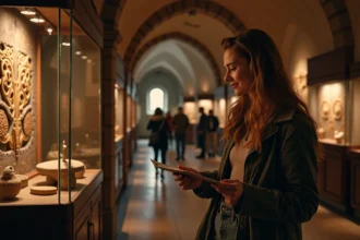 Jeune femme admire un artefact magique dans une exposition