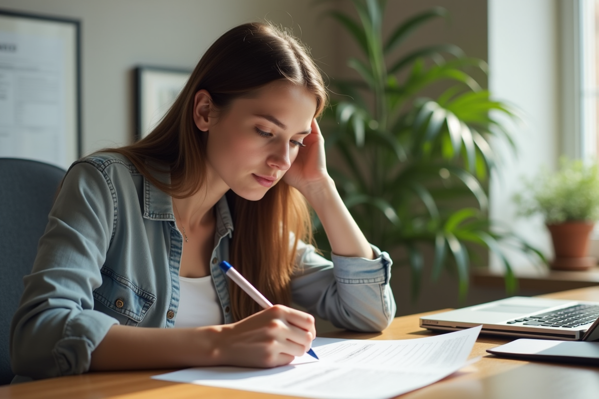 Jeune femme remplissant un formulaire à un bureau lumineux