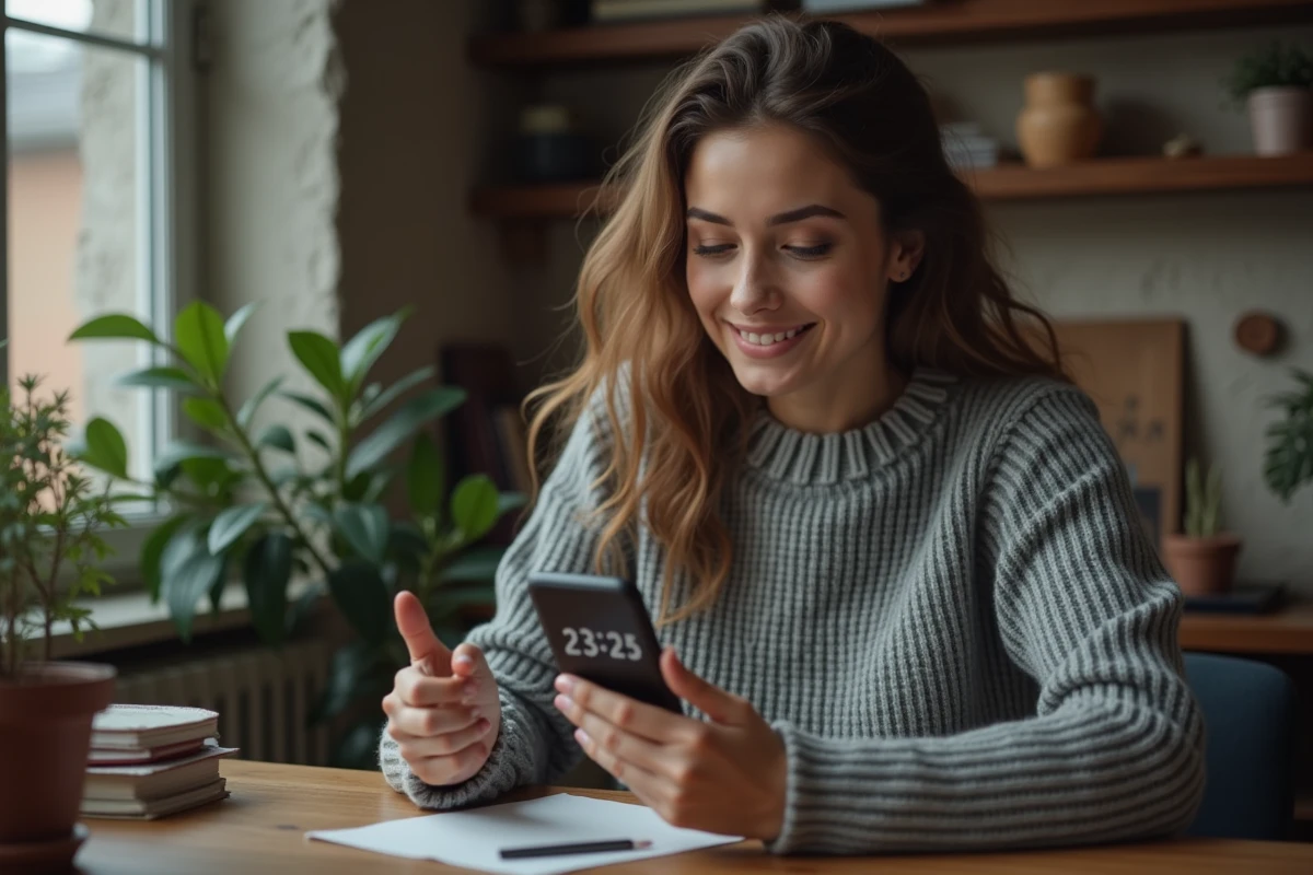 Jeune femme pensif dans un intérieur cosy à 23h23