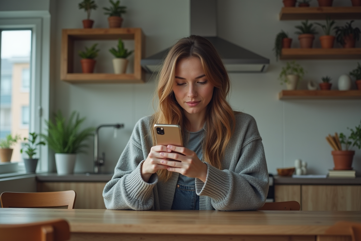 Jeune femme dans sa cuisine utilisant son smartphone