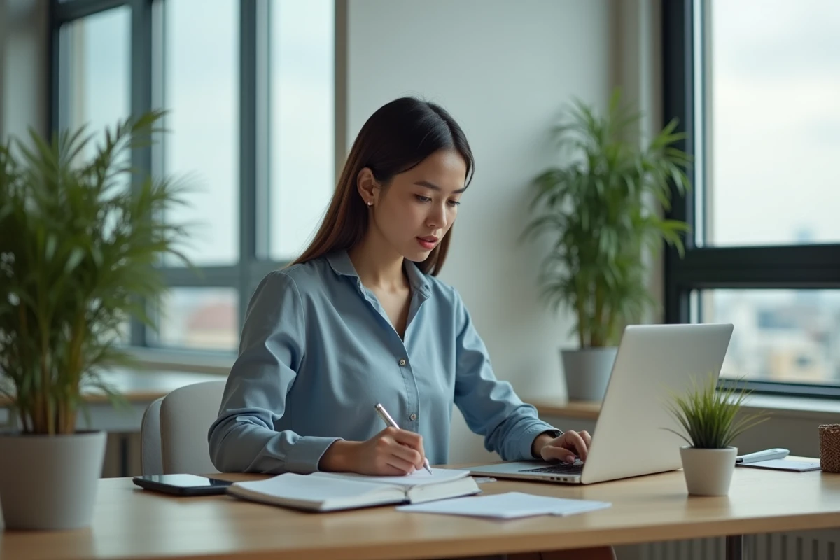 Jeune femme professionnelle organisant ses vacances au bureau