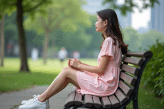 Jeune fille assise sur un banc de parc en ville