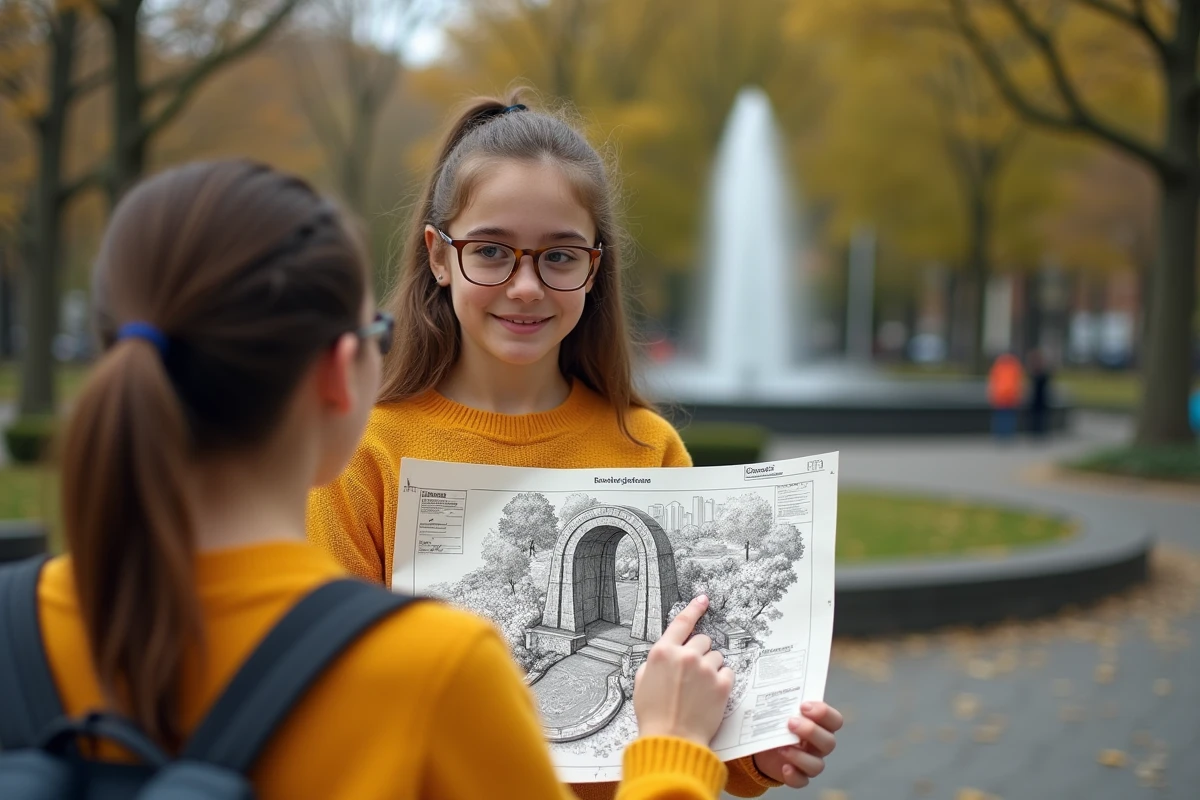 Adolescente montrant un portail sur une carte dans un parc