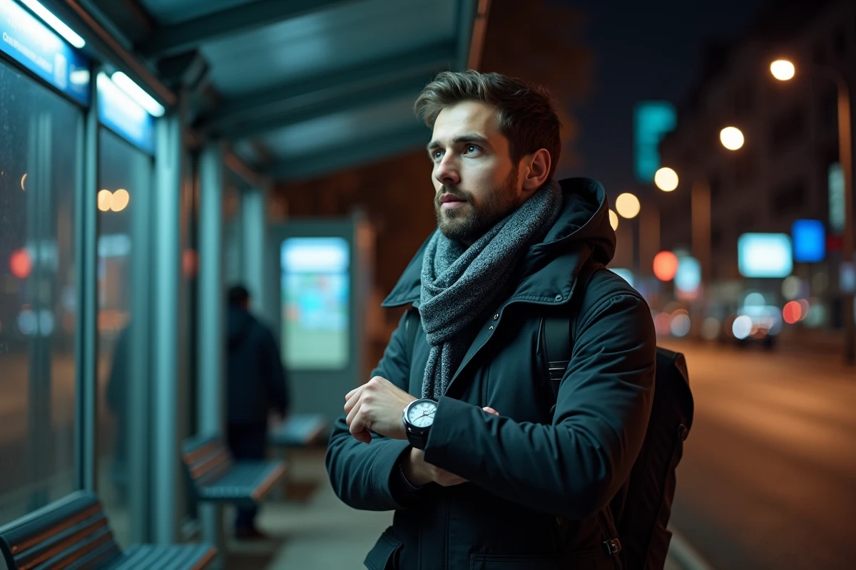 Jeune homme attend un bus la nuit à 23h23