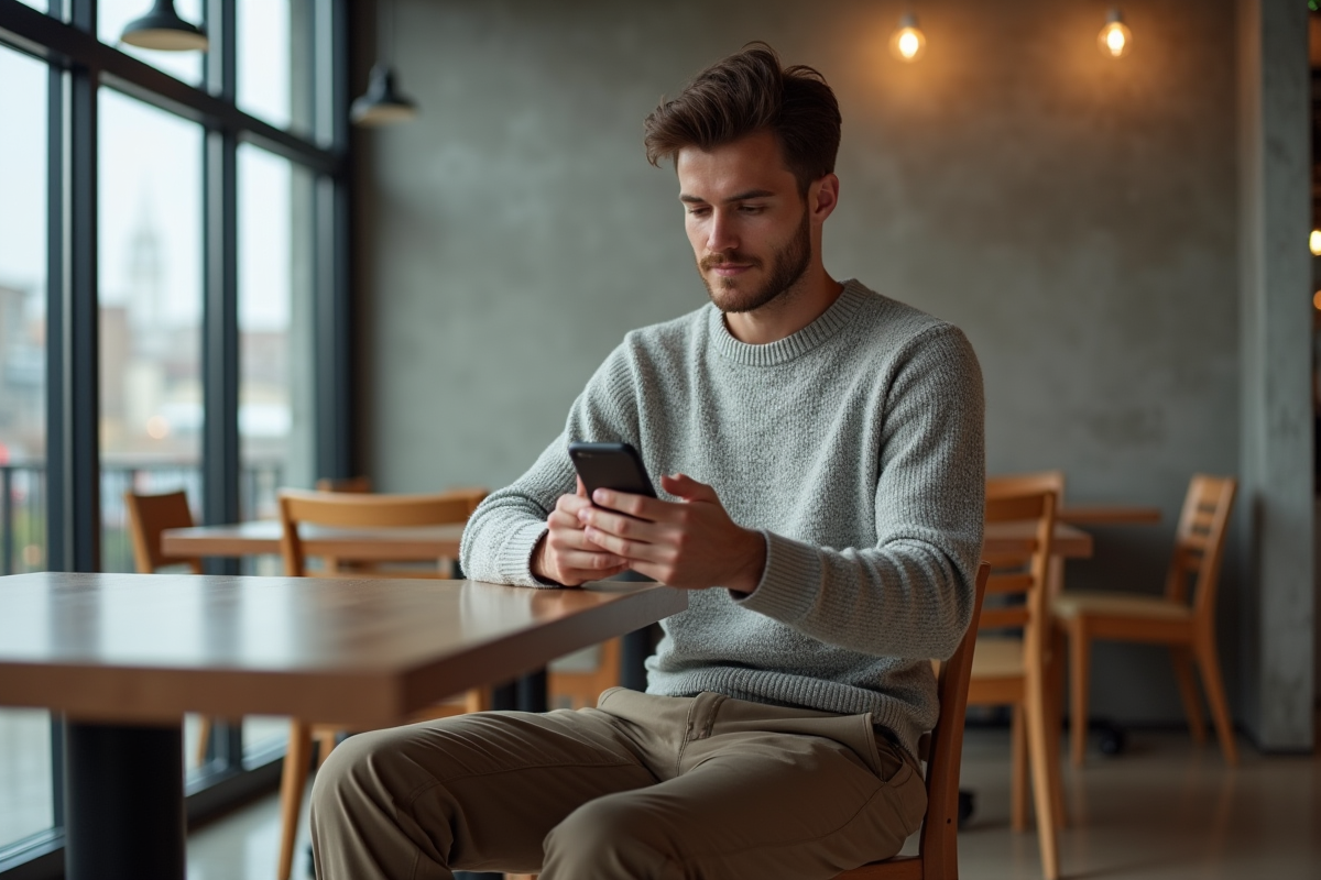 Jeune homme détendu au café avec pantalon déchiré et smartphone