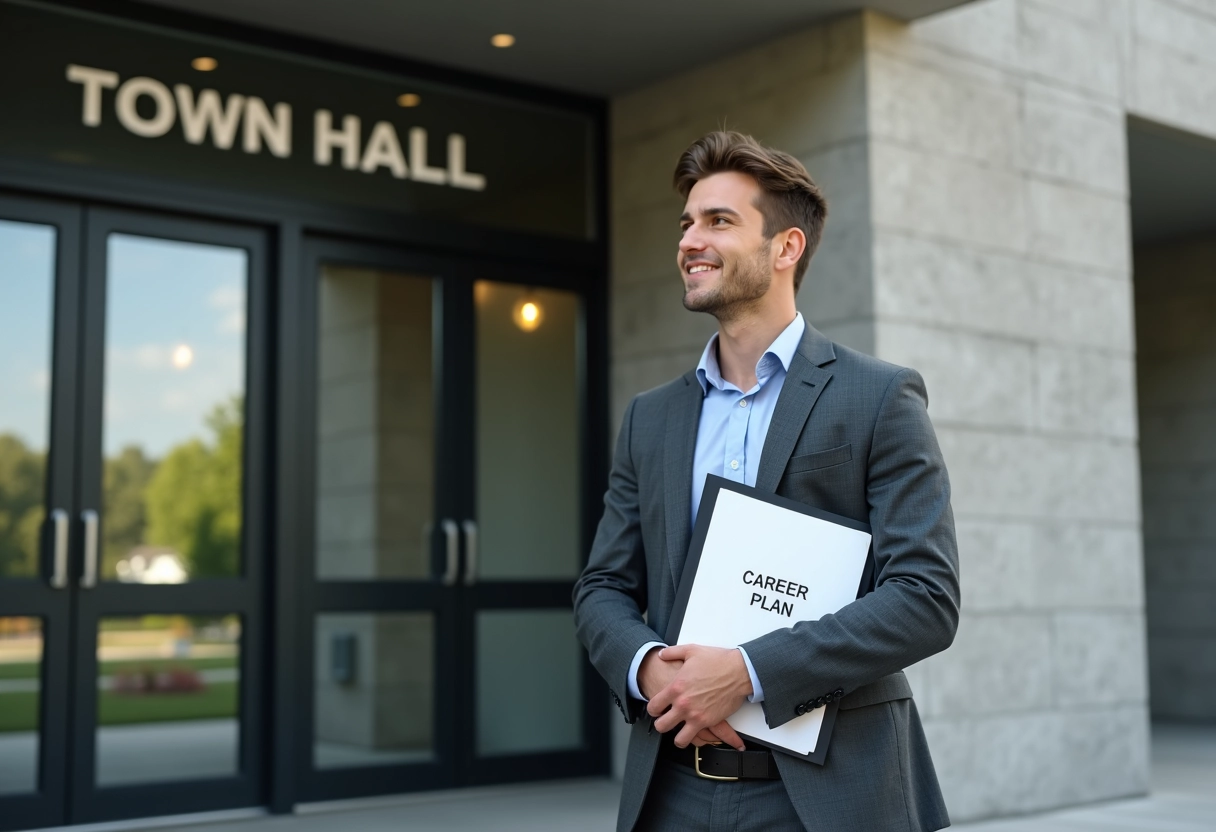 Jeune homme souriant devant un bâtiment public