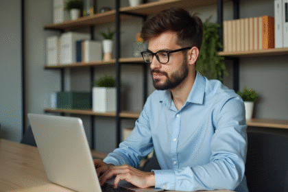Jeune homme avec lunettes travaillant sur un ordinateur dans un bureau moderne