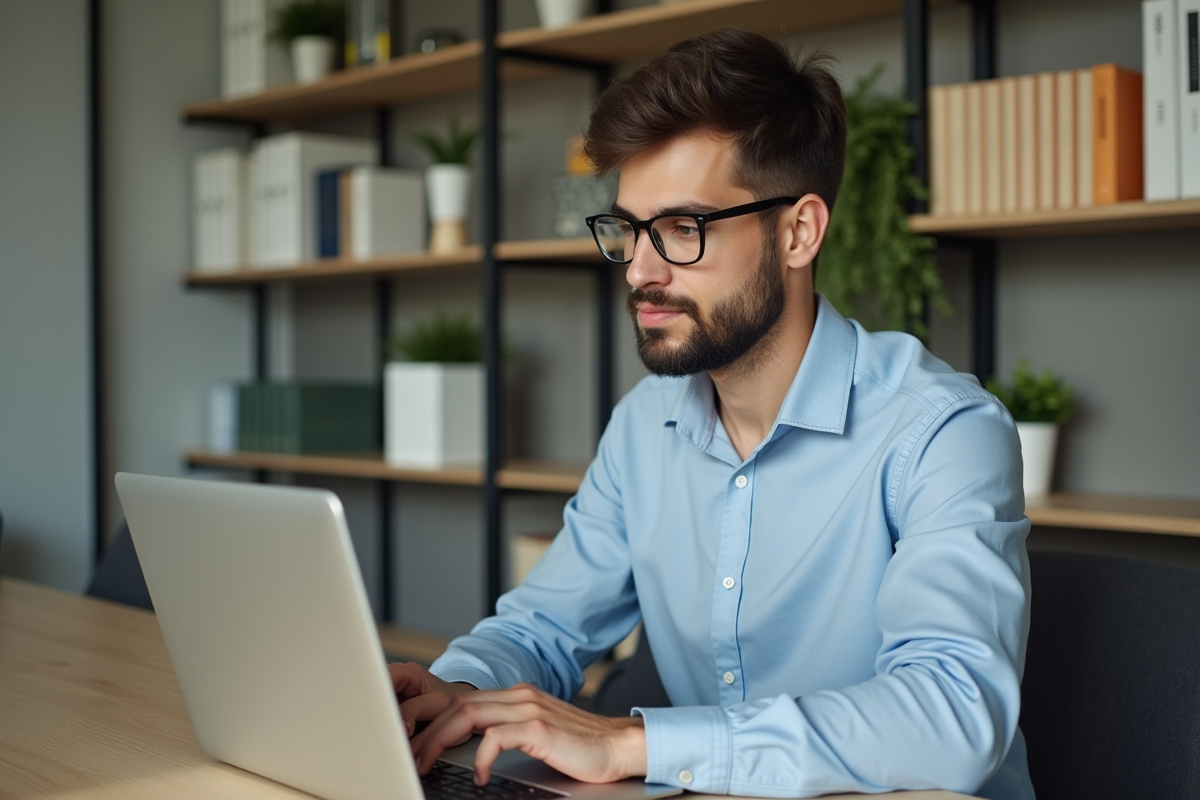 Jeune homme avec lunettes travaillant sur un ordinateur dans un bureau moderne