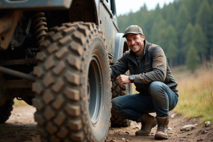Jeune homme inspectant un gros pneu tout-terrain en pleine nature