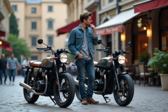 Jeune homme examine deux motos Dax 125 en ville