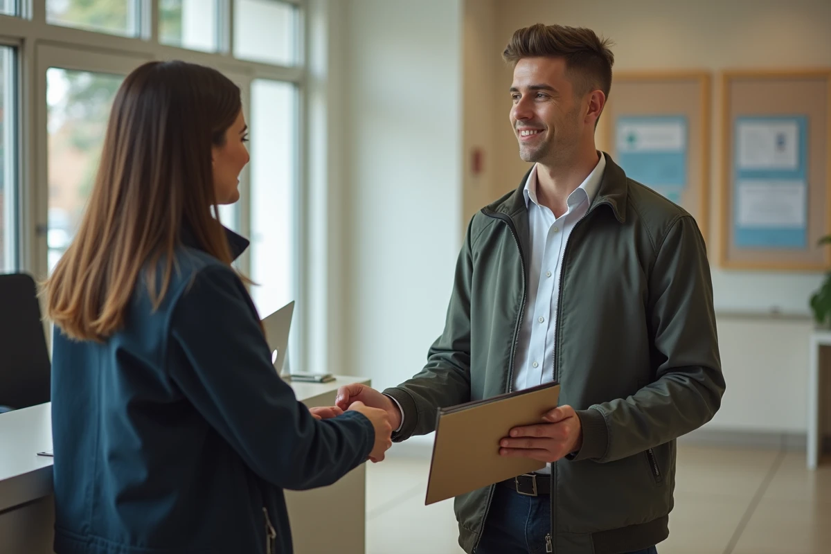 Jeune homme remettant un dossier à un agent dans un bureau administratif