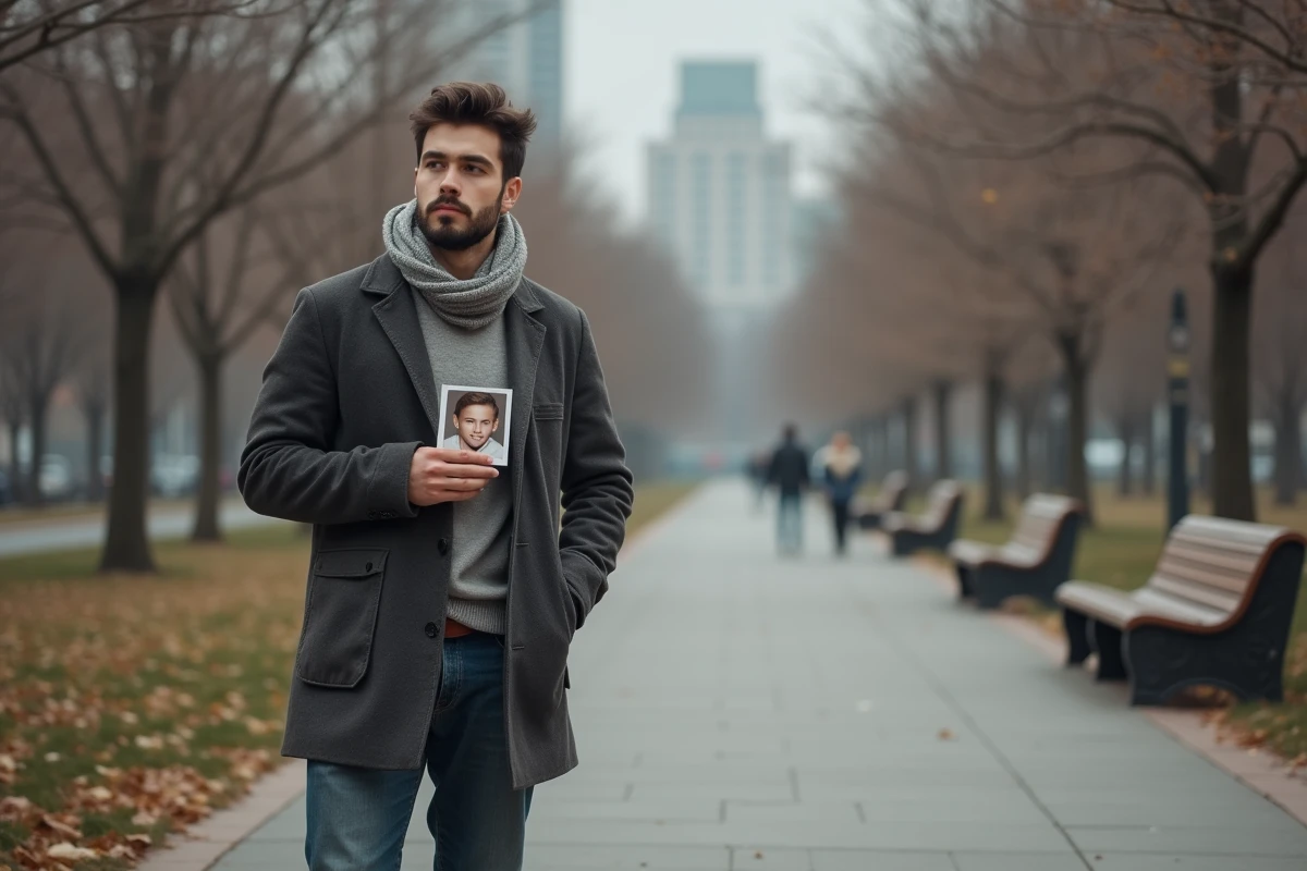 Jeune homme contemplant une photo d