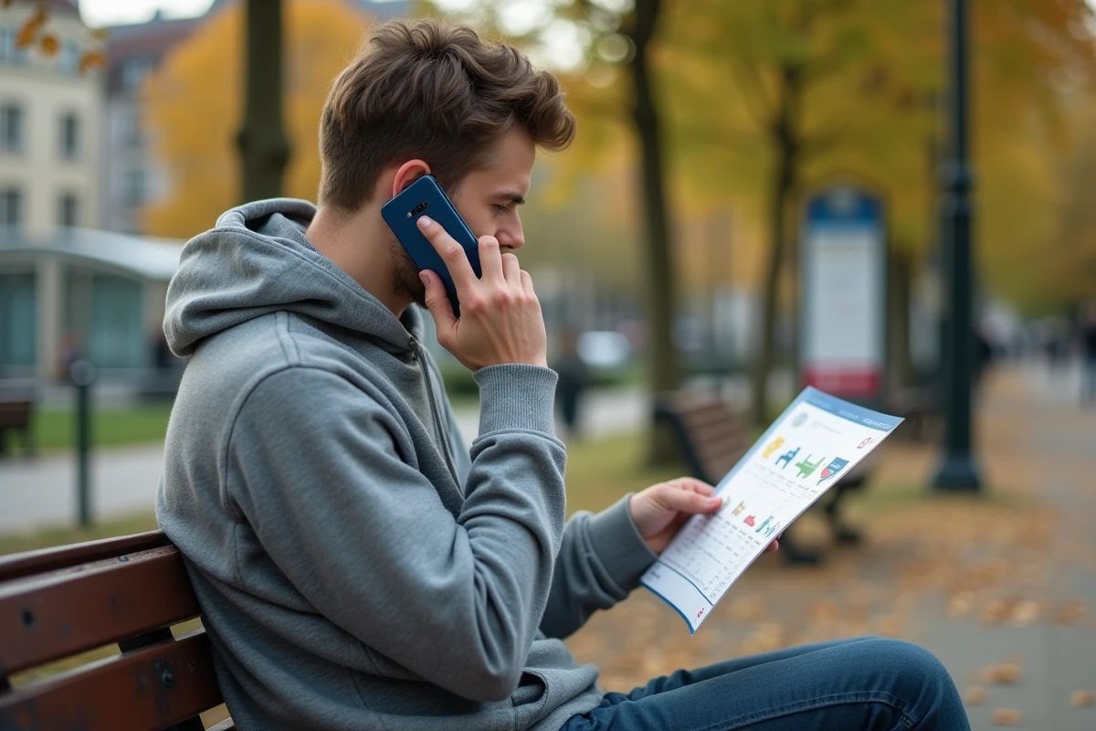 Jeune homme dans un parc consulte un horaire de transport