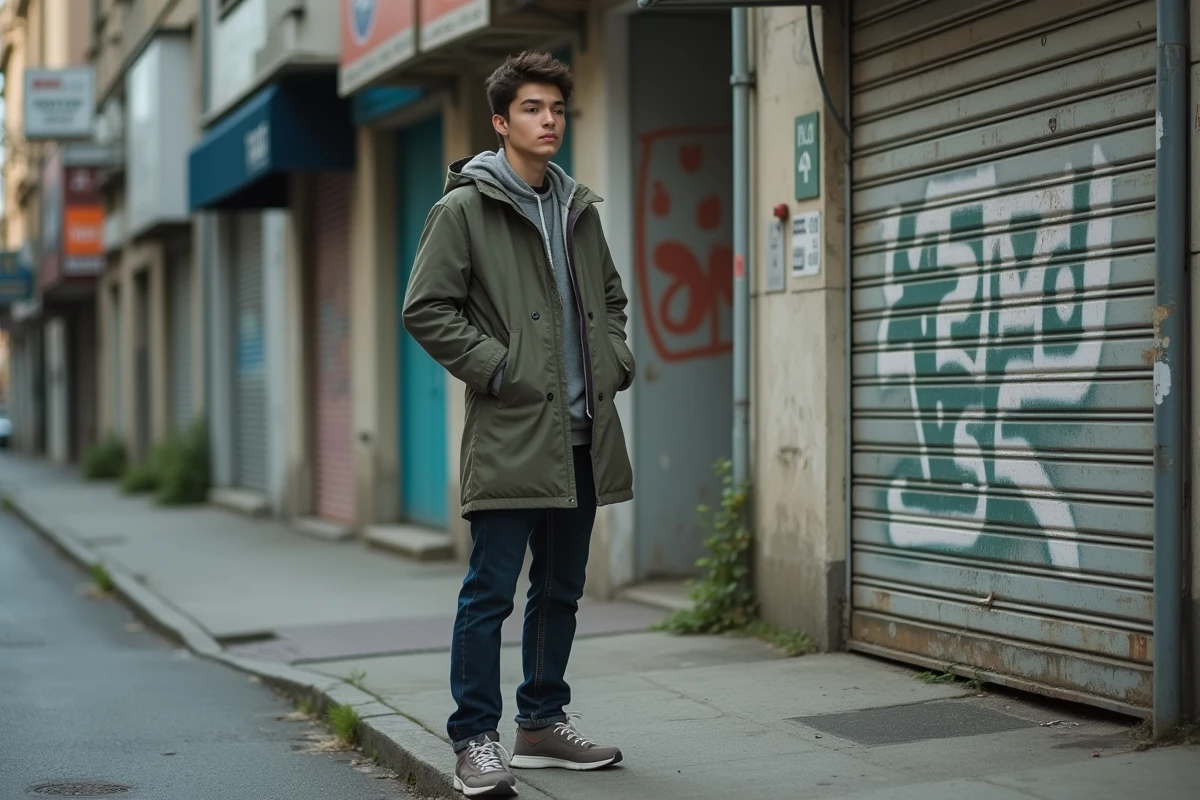Jeune homme en windbreaker dans un secteur moins entretenu de Mille