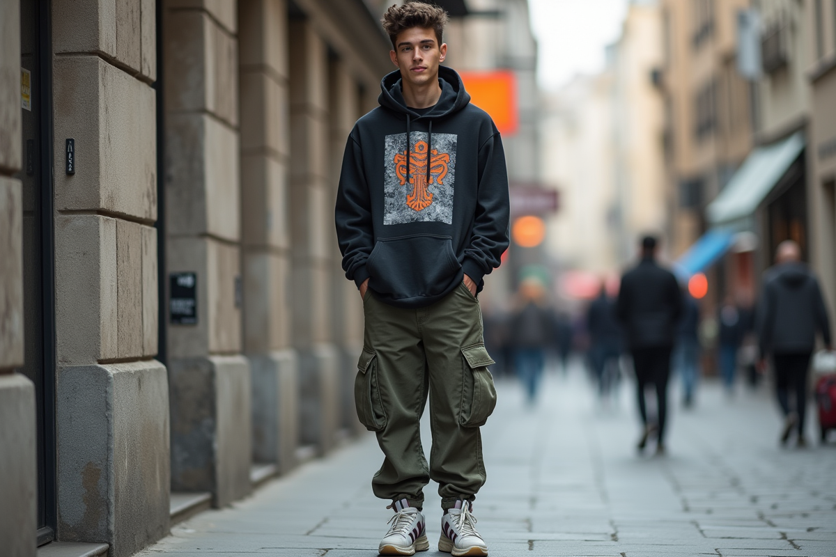 Jeune homme en streetwear urbain sur le trottoir