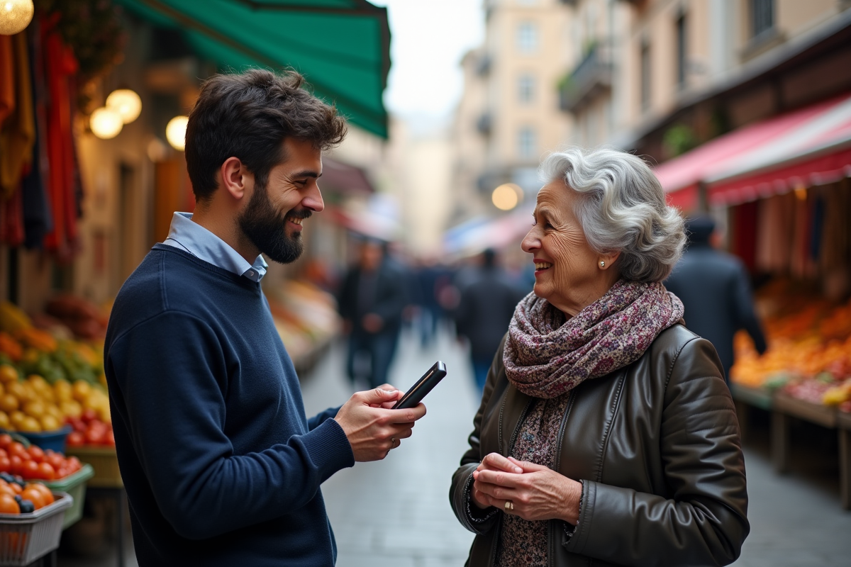 Jeune homme au marché avec appareil de traduction