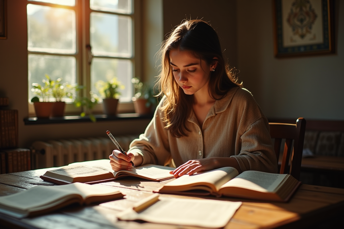Jeune linguiste analysant des manuscrits anciens à un bureau ensoleille