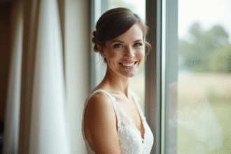 Mariée joyeuse aux cheveux courts et robe blanche élégante