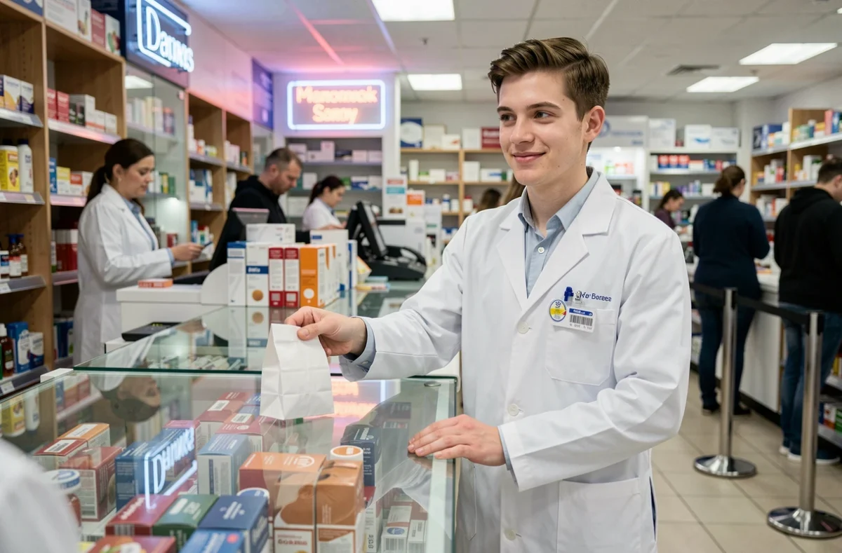 Jeune pharmacien remettant une ordonnance à un client au comptoir, représentant la routine professionnelle liée au thème de ARC Raiders