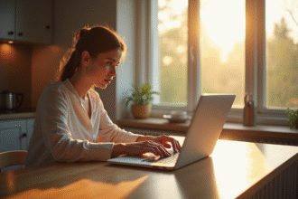 Jeune professionnel utilisant un ordinateur portable au matin