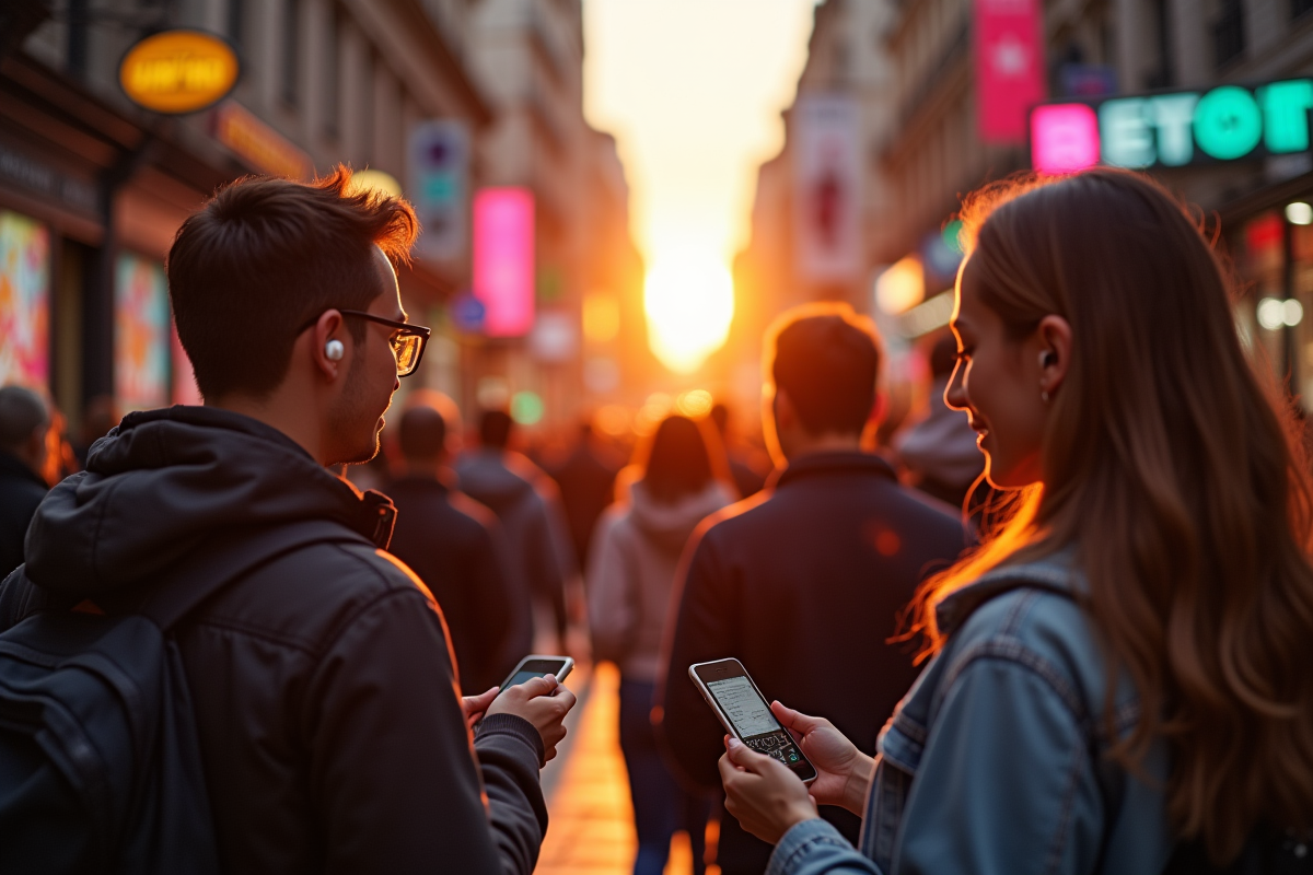Jeunes partageant des recommandations musicales dans la rue au coucher du soleil